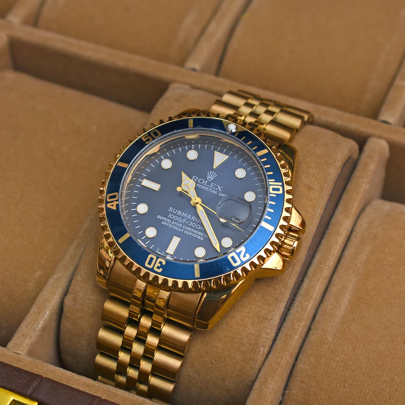 ROLEX MAN Stainless Steel Watch-GOLDEN/BLUE DIAL
